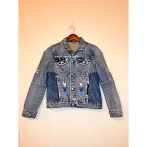 BLANKNYC Womens Patchwork Embroidered Denim Trucker Jacket Medium Wash Large